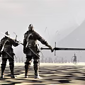 Game Film Medieval Knight Characters In Armor With Swords On Desert Battlefield