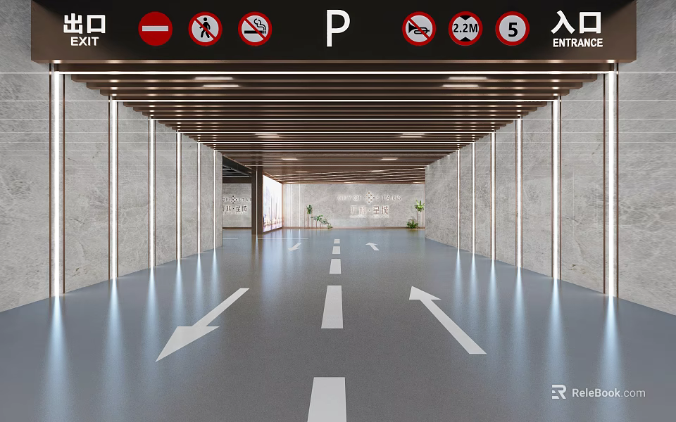 24 Hour Parking Lot With Entrance Exit Arrows Speed Limit And No Parking Signs 3d model 