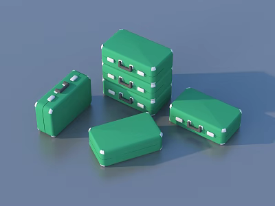 Green Suitcases In Various Sizes Stacked And Scattered On Gray Background 3d model