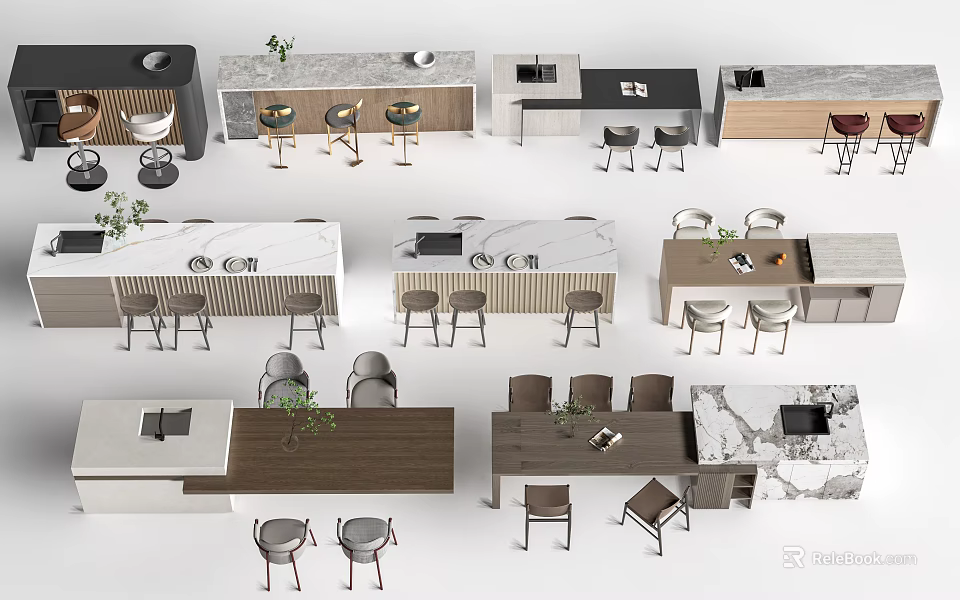 Modern Dining Table Sets With Marble Counter Wooden Tops And Matching Chairs 3d model 