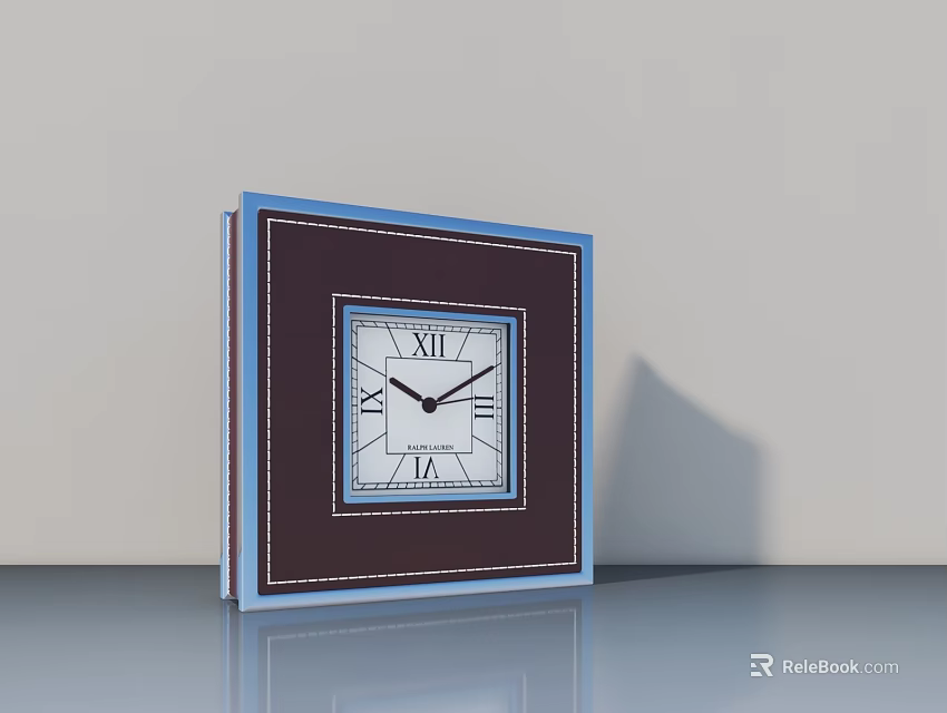 Square Clock With Blue Border Brown Frame White Dial And Roman Numerals 3d model 