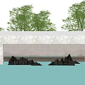 Modern Landscape Wall Design With Water Reflection Green Trees And Rock Formations