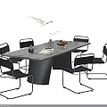 Modern Dining Set with White Marble Top Black Metal Chairs Green Plant and Fruit Bowl