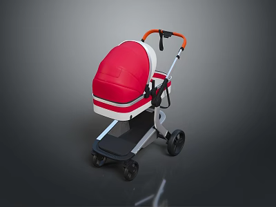 Modern Red And White Baby Stroller With Orange Handle And Wheels 3d model