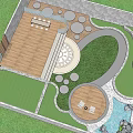 Courtyard Garden Design with Wooden Deck Lawn Circular Pavers Seating and Water Feature