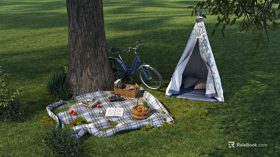 Tepee Tent On Grass Field With Big Tree Bicycle Picnic Blanket Basket And Fruits 3d model 