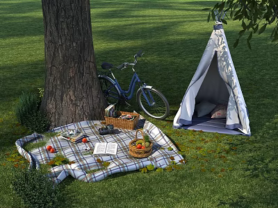 Tepee Tent On Grass Field With Big Tree Bicycle Picnic Blanket Basket And Fruits 3d model
