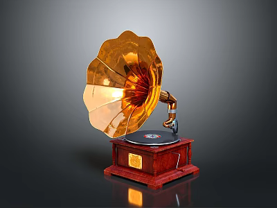Classic Vintage Gramophone With Golden Horn Wooden Base Vinyl Record And Tonearm 3d model