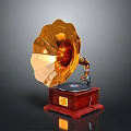 Classic Vintage Gramophone With Golden Horn Wooden Base Vinyl Record And Tonearm