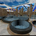 Indoor Luxury Spa Area With Round Stone Pools Blue Sky Ceiling And Glass Arched Roof