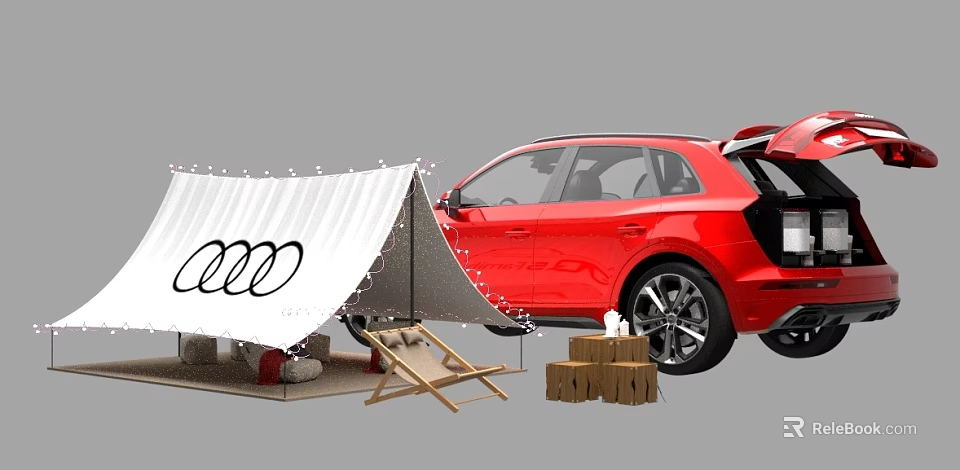 Audi Red SUV With Open Trunk And Camping Gear Including Tent Chairs Firewood 3d model 