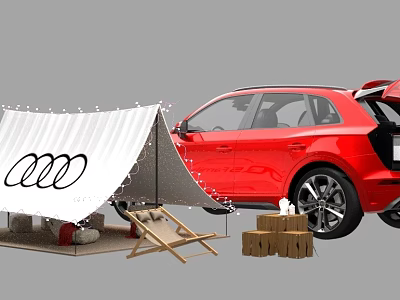 Audi Red SUV With Open Trunk And Camping Gear Including Tent Chairs Firewood 3d model