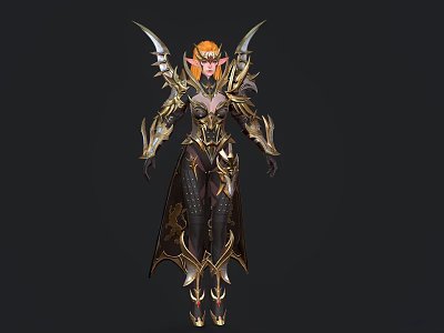 Woman In Golden Armored Outfit With Elven Wings And Fantasy Style Details 3d model