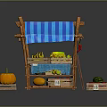 Wooden Fruit Stand With Blue Striped Canopy Fresh Fruits Blackboard Sign And Wooden Crates