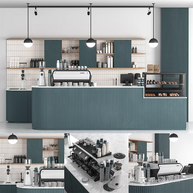 Modern Bar Counter With Teal Cabinets White Tiled Backsplash Coffee Machine And Pastry 3d model