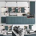 Modern Bar Counter With Teal Cabinets White Tiled Backsplash Coffee Machine And Pastry
