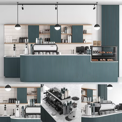 Modern Bar Counter With Teal Cabinets White Tiled Backsplash Coffee Machine And Pastry 3d model