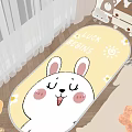 Cozy Bedroom Interior With Yellow Rabbit Design Rug And LUCK BEGINS Text