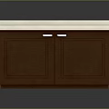 Modern Two Door Brown Kitchen Cabinet With White Countertop And Silver Handles
