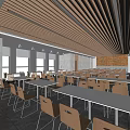 Modern Dining Hall Interior With Wooden Ceiling Tables Chairs And Brick Wall 3d model