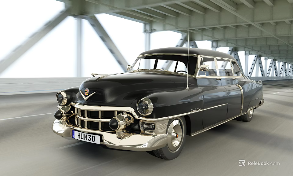 Black Classic Vintage Car Driving On Road Under Bridge With Chrome Details And License Plate 3d model 