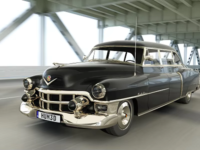 Black Classic Vintage Car Driving On Road Under Bridge With Chrome Details And License Plate 3d model