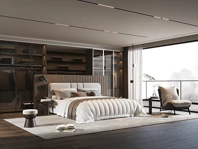 Elegant Modern Bedroom Interior With Plush Bed Side Table And Panoramic Window View 3d model