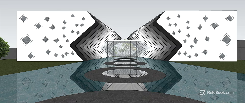 Modern Sales Office Building With Geometric Patterns Black White Stripes And Reflective Water Surface 3d model 