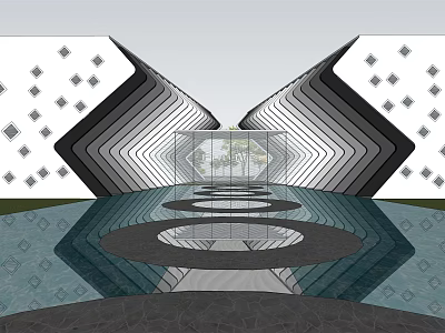Modern Sales Office Building With Geometric Patterns Black White Stripes And Reflective Water Surface 3d model