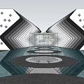 Modern Sales Office Building With Geometric Patterns Black White Stripes And Reflective Water Surface