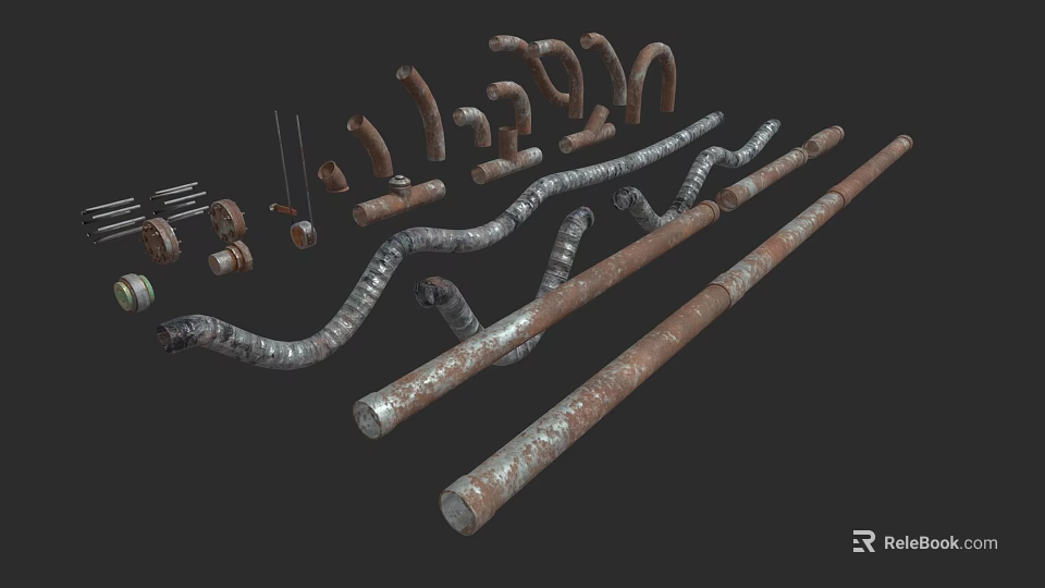 Rustic Industrial Metal Pipes Various Curved Straight Fittings and Worn Connectors Design 3d model 
