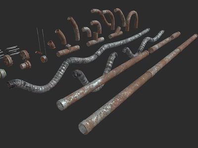 Rustic Industrial Metal Pipes Various Curved Straight Fittings and Worn Connectors Design 3d model