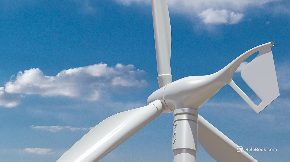 Wind Turbine Architectural Components Featuring White Blades Hub And Tower Against Blue Sky 3d model
