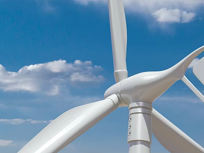Wind Turbine Architectural Components Featuring White Blades Hub And Tower Against Blue Sky 3d model