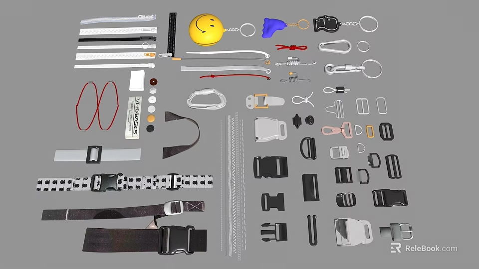 Assorted Hardware Accessories Including Straps Buckles Hooks And Smiley Badge 3d model