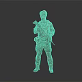 Military Soldier in Camouflage Uniform Holding Rifle Standing Against Gray Background