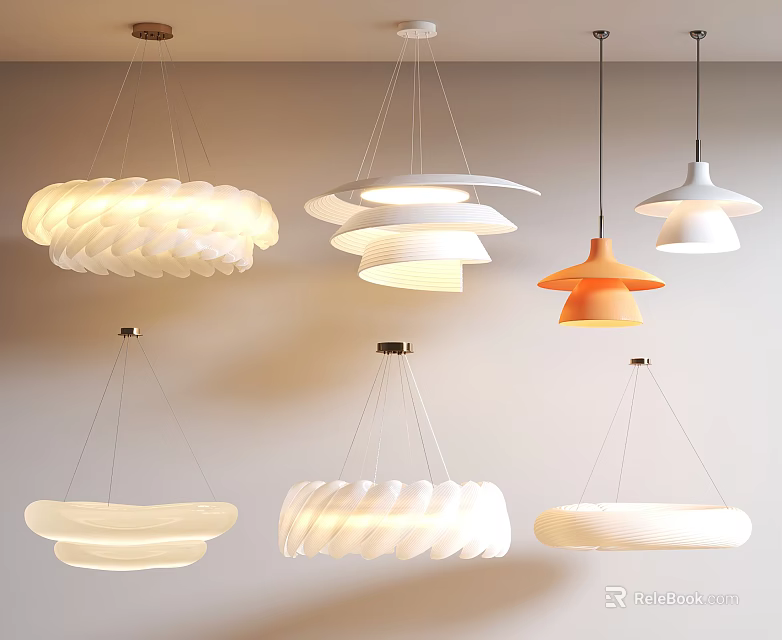 Modern Hanging Lighting Combinations Featuring Various Shapes White Orange And Layered Pendant Lights 3d model 