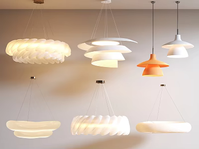 Modern Hanging Lighting Combinations Featuring Various Shapes White Orange And Layered Pendant Lights 3d model