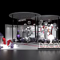Elegant DECORTE Exhibition Booth Display With White Purple Spheres And Hanging Ornaments