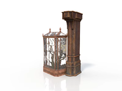 Decorative Metal Cage With Intricate Carvings And Wooden Column For Scene Construction 3d model