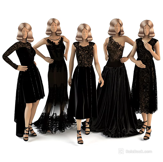Models Posing In Elegant Black Lace Formal Gowns With Various Styles 3d model 