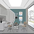 Dental Clinic Interior Design With Dental Chair White Cabinets Blue Wall Brown Chairs And Window