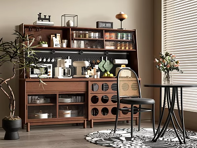 Modern Wooden Sideboard In Dining Room With Coffee Machine Storage Jars And Green Plant Decor 3d model