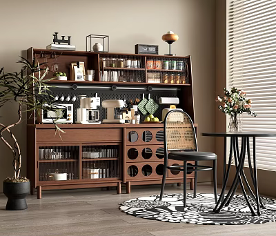 Modern Wooden Sideboard In Dining Room With Coffee Machine Storage Jars And Green Plant Decor 3d model