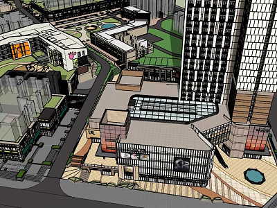 Modern Commercial Complex With Glass Roof Plaza Surrounding High Rise And Green Spaces 3d model