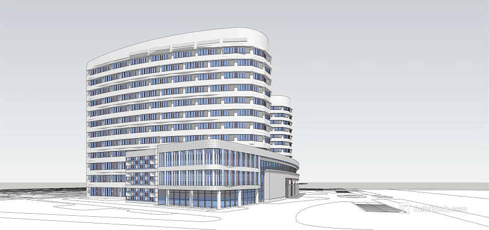 Modern Curved Multi Storey Building Exterior Design With Glass Curtain Wall And Large Windows 3d model 