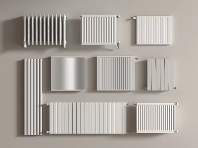 White Radiators With Various Designs And Different Styles Arranged On Grey Background 3d model