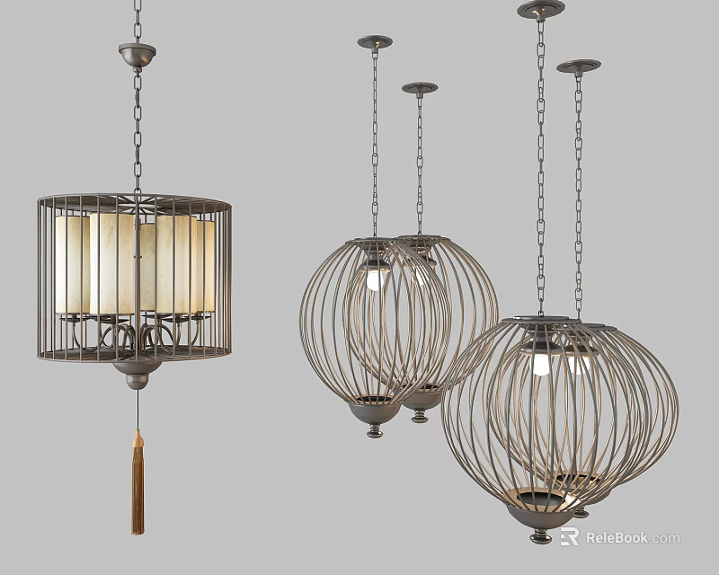 Modern Chandeliers Featuring Metal Frame Design Cage and Sphere Shapes with Decorative Tassel 3d model 