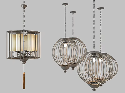 Modern Chandeliers Featuring Metal Frame Design Cage and Sphere Shapes with Decorative Tassel 3d model