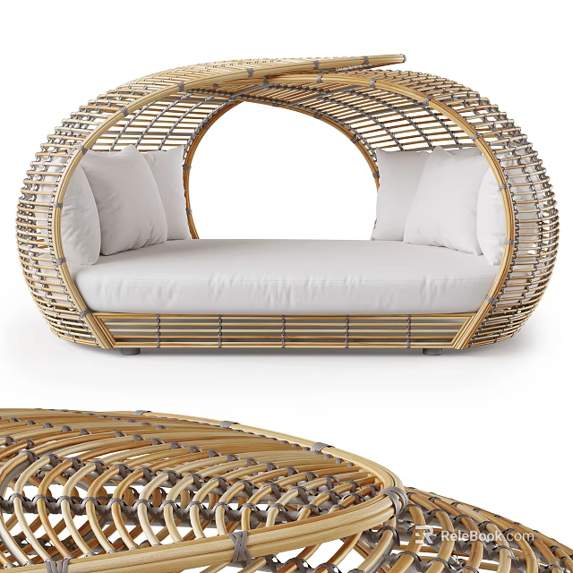 Woven Rattan Curved Outdoor Sofa With White Cushions And Hollow Design 3d model 